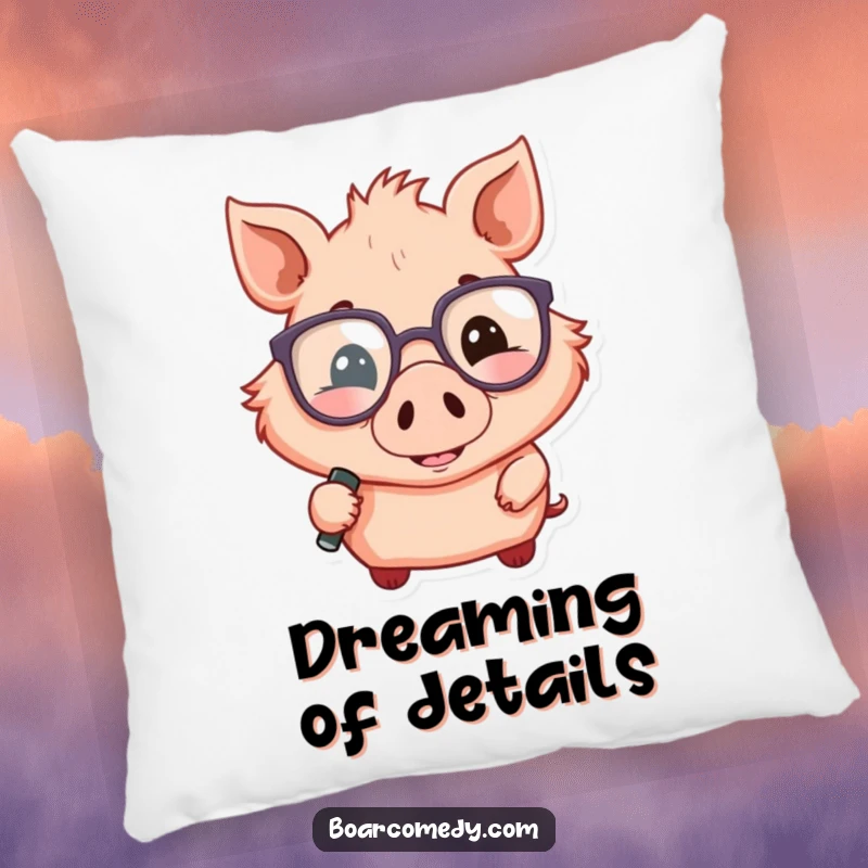 Funny soft pillow depicting a smiling boar wearing oversized glasses and holding a magnifying glass, perfect for thinkers.