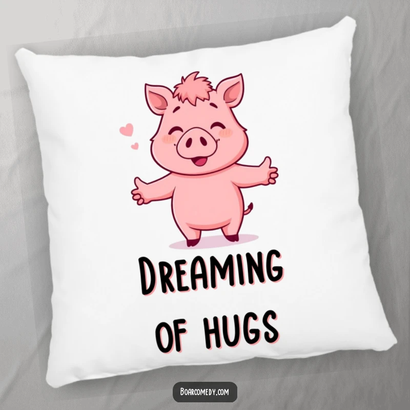 Funny Pillow: Pink boar character with outstretched arms, smiling and ready for a hug, bringing cozy affection.