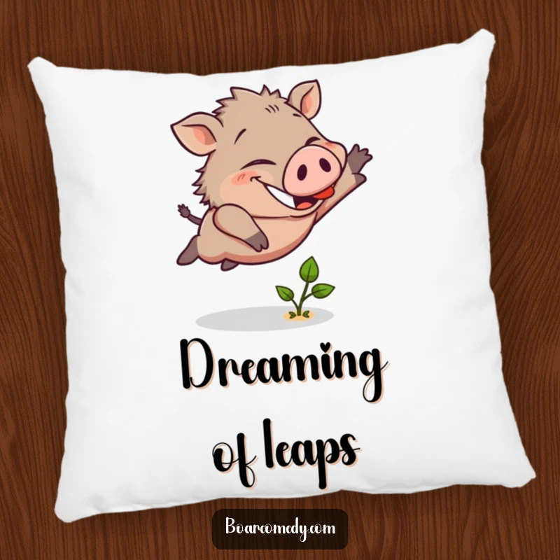 Funny decorative pillow featuring a cheerful boar character mid-leap over a tiny sprout, embodying a determined and happy spirit.