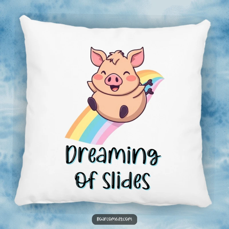 Funny pillow designed with a plump boar character happily sliding down a rainbow, ears flapping, offering cozy amusement.