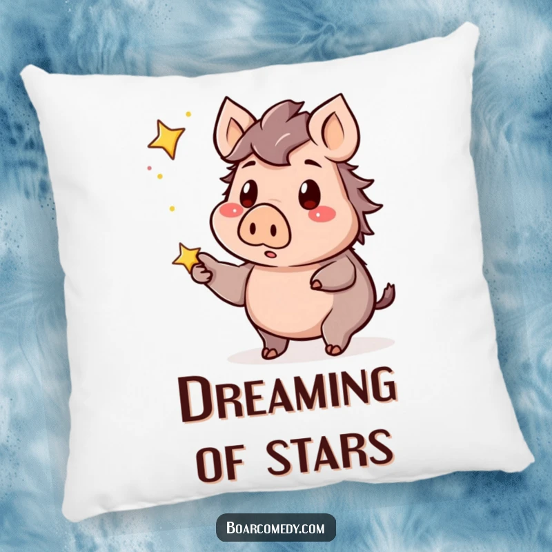 Funny kawaii boar pillow showing a surprised boar pointing at a twinkling star, bringing starry-eyed comfort to your space.