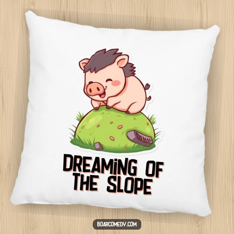 Funny pillow featuring a small, round boar character joyfully rolling down a grassy hill, perfect for adding whimsical humor to any space.