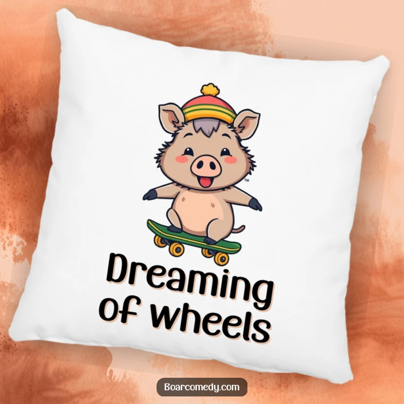 Funny soft pillow with a cheerful boar in a tiny hat riding a skateboard, perfect for adding character.