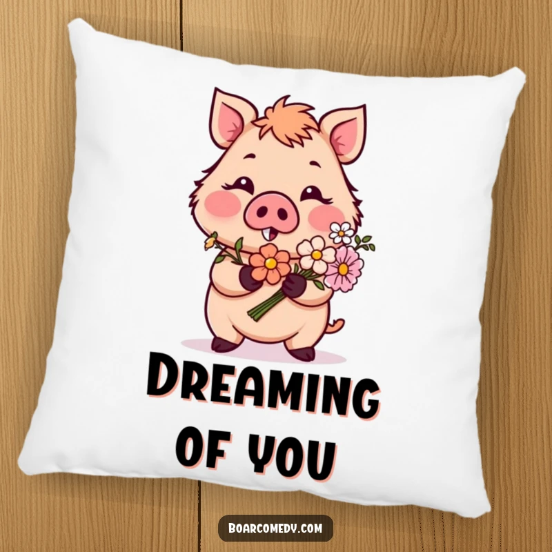 Funny pillow featuring a blushing boar character shyly holding flowers, offering comfort and a touch of romantic humor, an ideal funny gift.