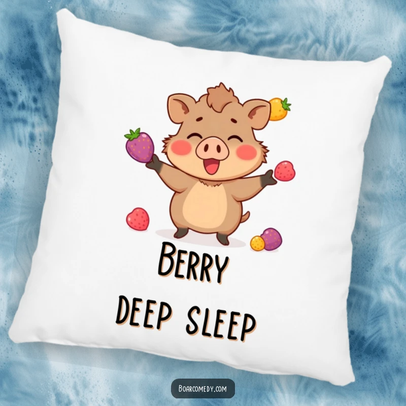 Funny pillow featuring a small boar character enthusiastically juggling three brightly colored berries, a cozy testament to dexterity.