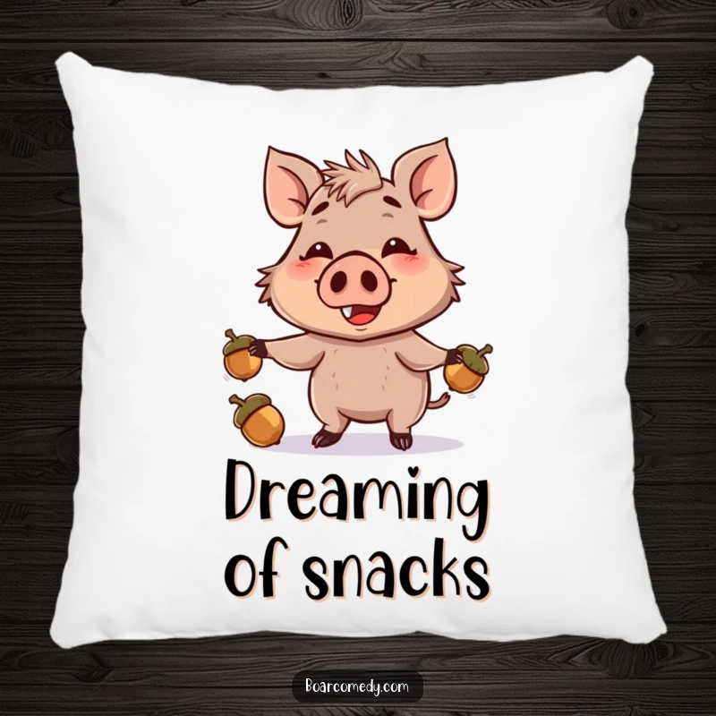 Funny pillow featuring a smiling boar character playfully juggling acorns with its snout, adding a touch of whimsy and humor to your decor.