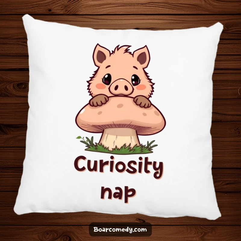 Funny pillow featuring a mischievous boar character peeking over a giant mushroom with wide eyes, adding whimsical humor to any seating area.