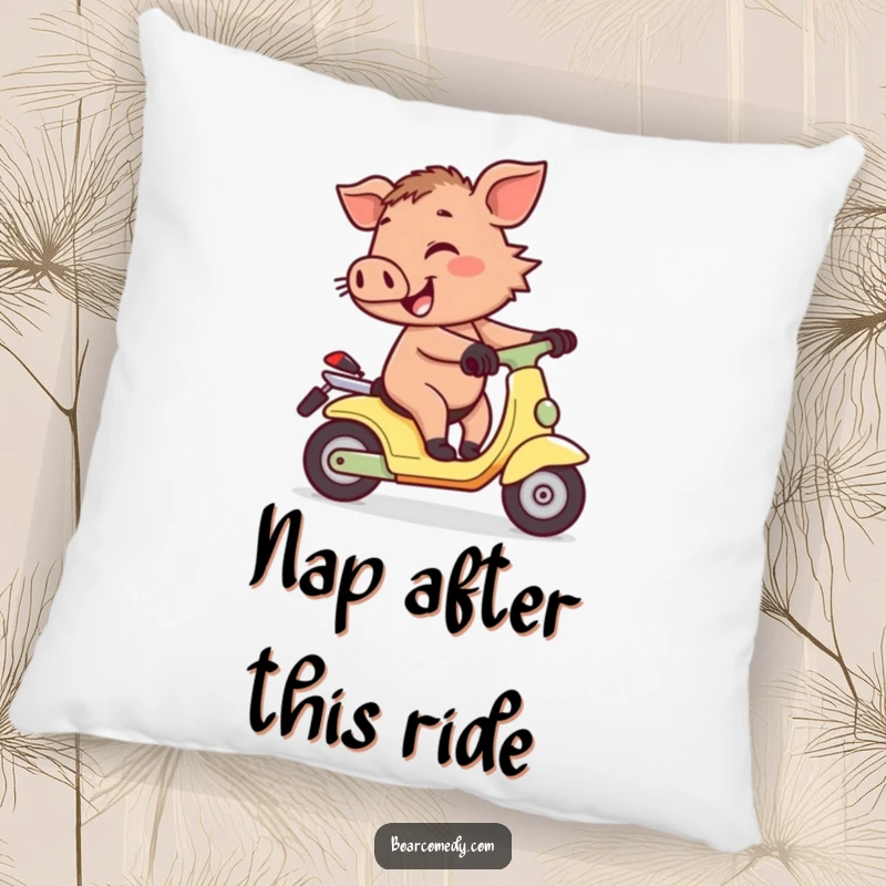 Funny cheerful little boar character wobbling precariously while attempting to ride a tiny scooter, on a plush and comfortable decorative pillow.
