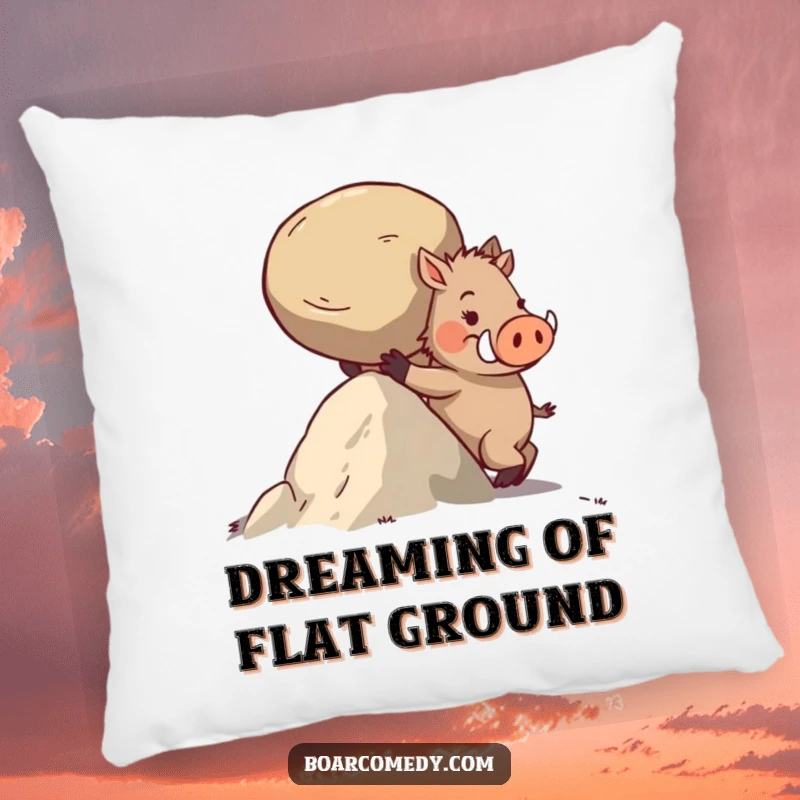Funny decorative pillow featuring a determined boar character pushing a large, round stone uphill.