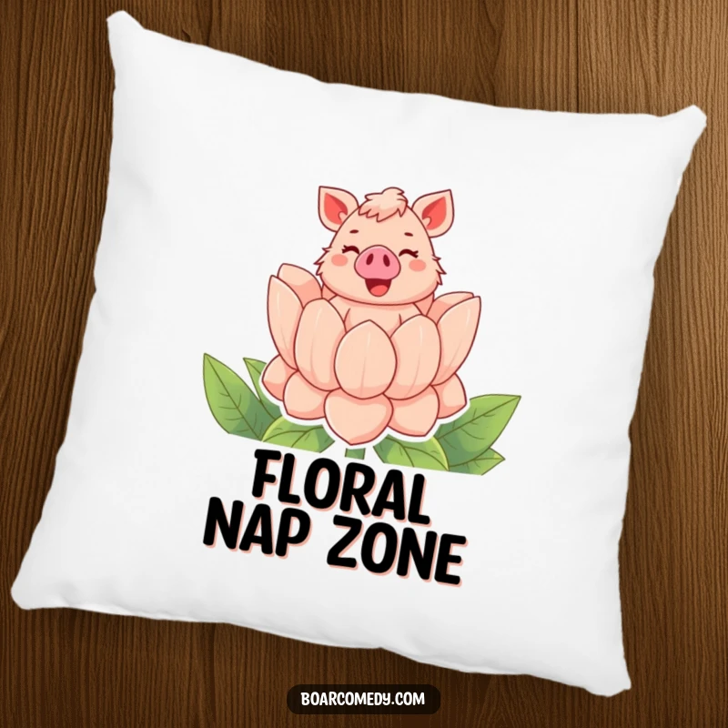 Funny pillow featuring a bubbly boar character popping out of a giant flower with a cheerful squeal, offering soft, joyful decor.