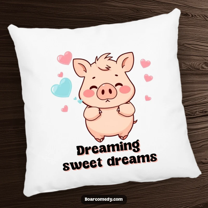 Funny chubby boar character blowing sweet heart-shaped bubbles, a soft and cuddly pillow design for ultimate comfort.