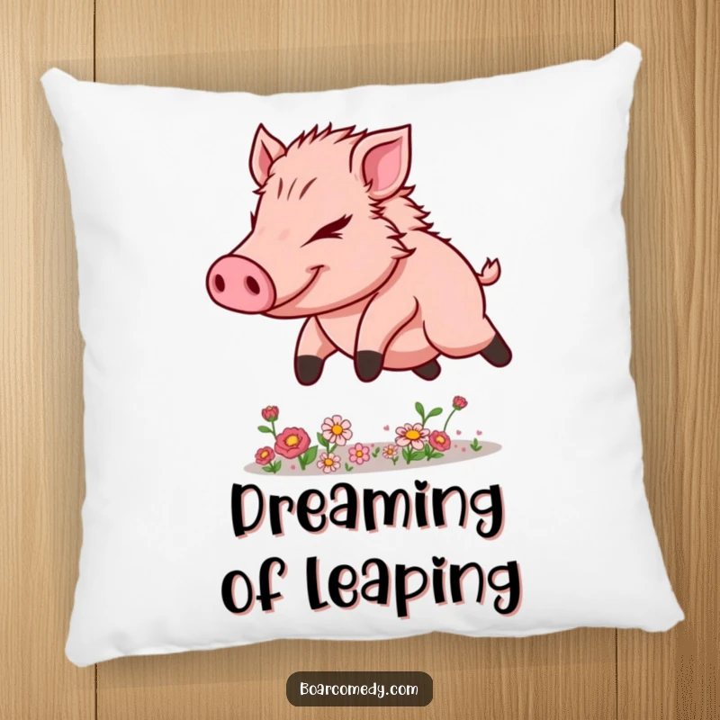 Funny Kawaii Boar Pillow depicting determined flower leaping, offering comfort and a visual reminder of strength.