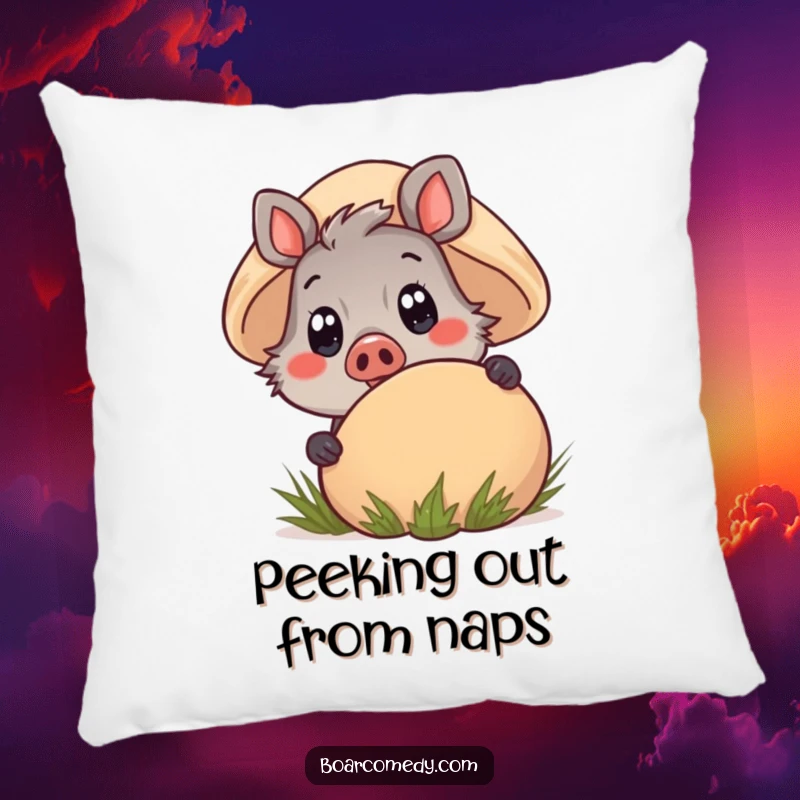 Funny Kawaii Boar Pillow peeking playfully from behind a mushroom, its wide eyes adding a touch of innocent charm and comfort.