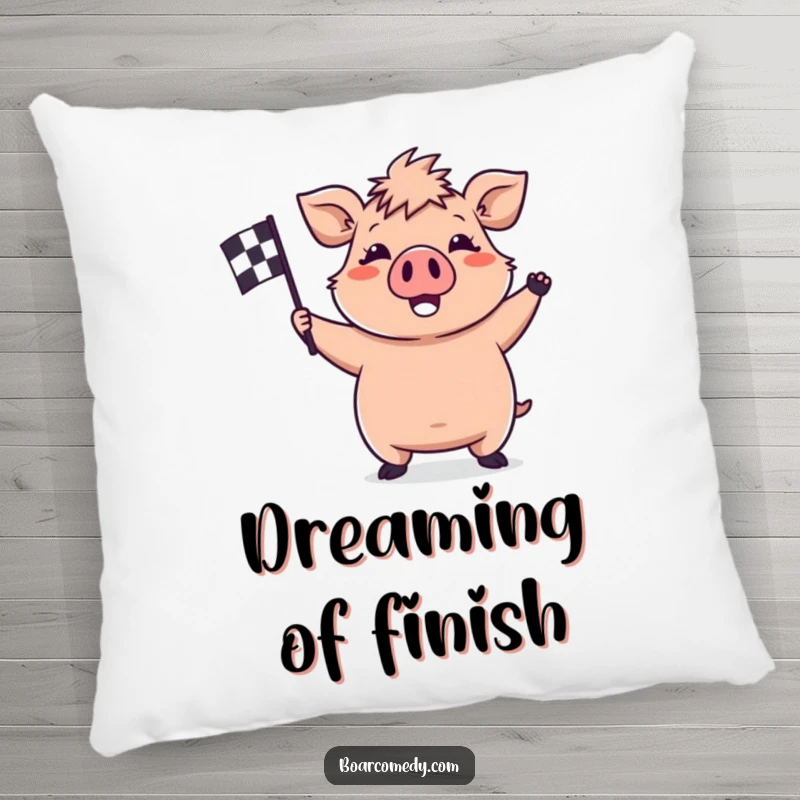 Funny kawaii boar pillow showing a happy boar waving a checkered flag, bringing soft, comforting vibes of victory.