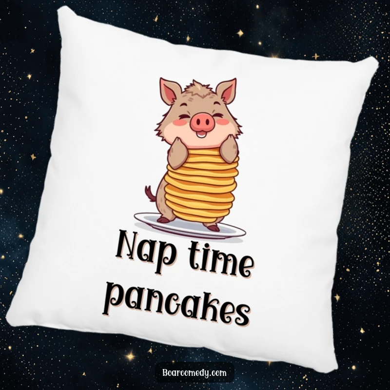 Funny pillow featuring a smiling boar character attempting to balance a towering stack of pancakes, soft and humorous.
