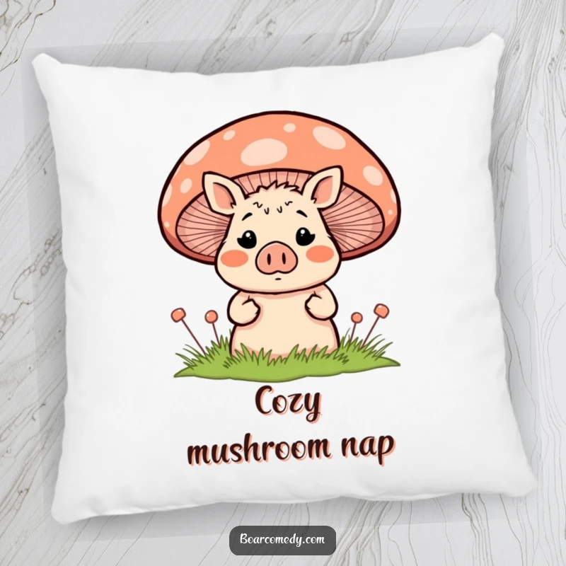 Funny blushing, surprised boar character peeking shyly from behind a large, colorful striped mushroom, on a plush and comfortable decorative pillow.