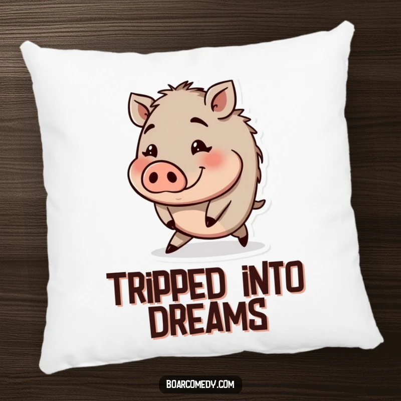 Funny soft pillow depicting a small round boar character tripping with a comical, surprised expression.