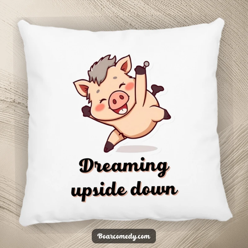Funny smiling boar character tumbling head over heels in a playful manner, on a soft pillow.