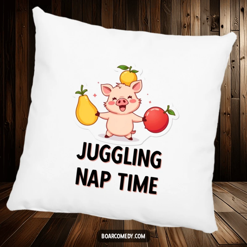 Funny happy boar character juggling large, colorful fruits, a soft and cuddly pillow design for vibrant comfort.