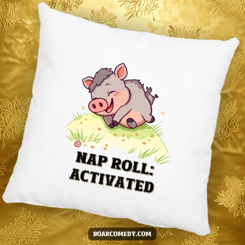 Funny kawaii boar pillow showing a happy boar giggling as it tumbles down a grassy hill, perfect for adding cheer to any room.