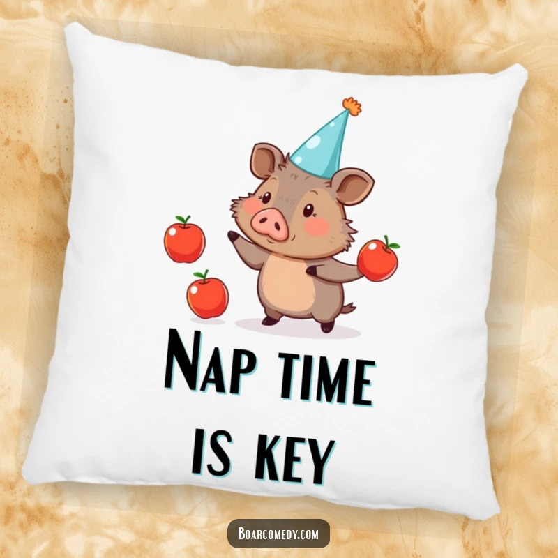 Funny Pillow: Cute boar in a party hat, amusingly juggling three apples, providing comfort and a humorous visual.
