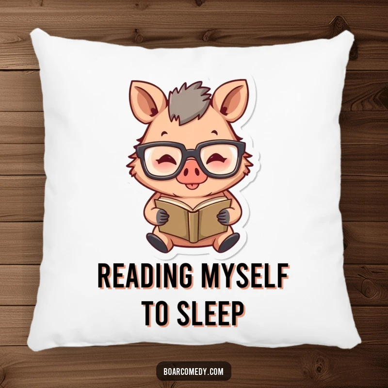 Funny decorative pillow featuring a happy boar character wearing oversized glasses, engrossed in reading a small book.