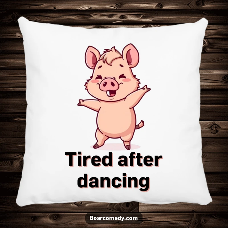 Funny Kawaii boar character attempting a comical, wobbly dance move, on a soft pillow.
