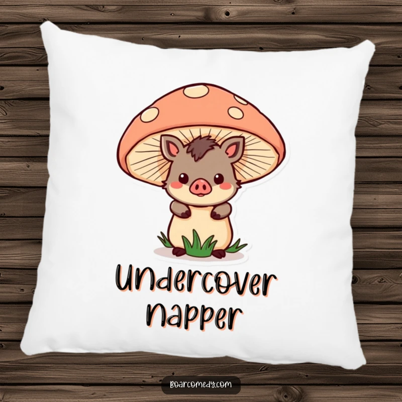 Funny Pillow: Cute kawaii boar character peeking from behind a large mushroom, providing soft comfort and whimsical charm.