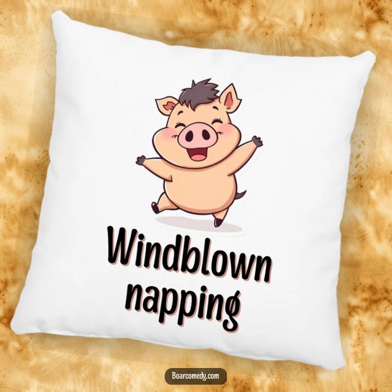 Funny pillow featuring a plump, cheerful boar character being pushed by a strong gust of wind, its wide grin radiating pure happiness.