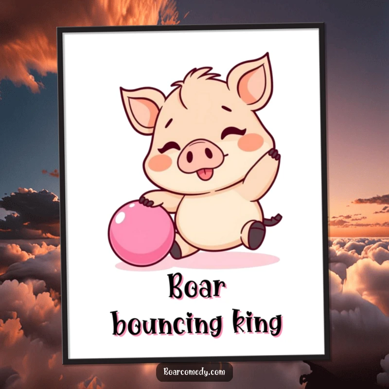 Funny Kawaii boar digital art print, a small, happy boar bouncing a pink ball, vibrant and cheerful.