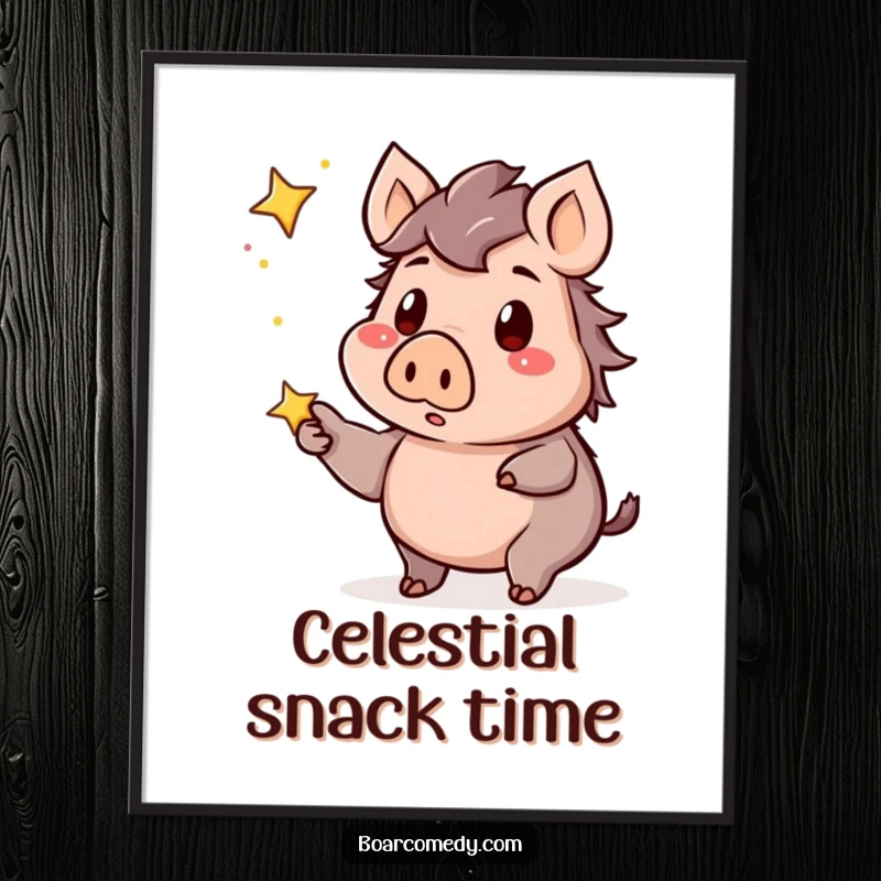 Funny kawaii boar star digital art print, a surprised boar pointing at a twinkling star, capturing a moment of pure wonder.