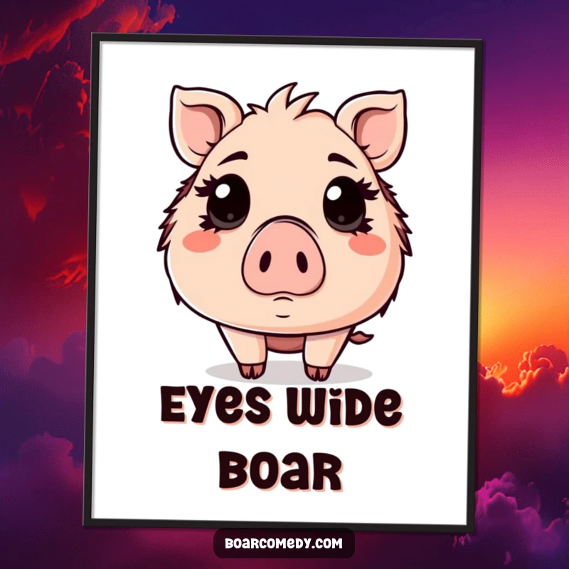 Funny Kawaii boar digital art print, a boar with wide, surprised eyes, expressive and humorous.