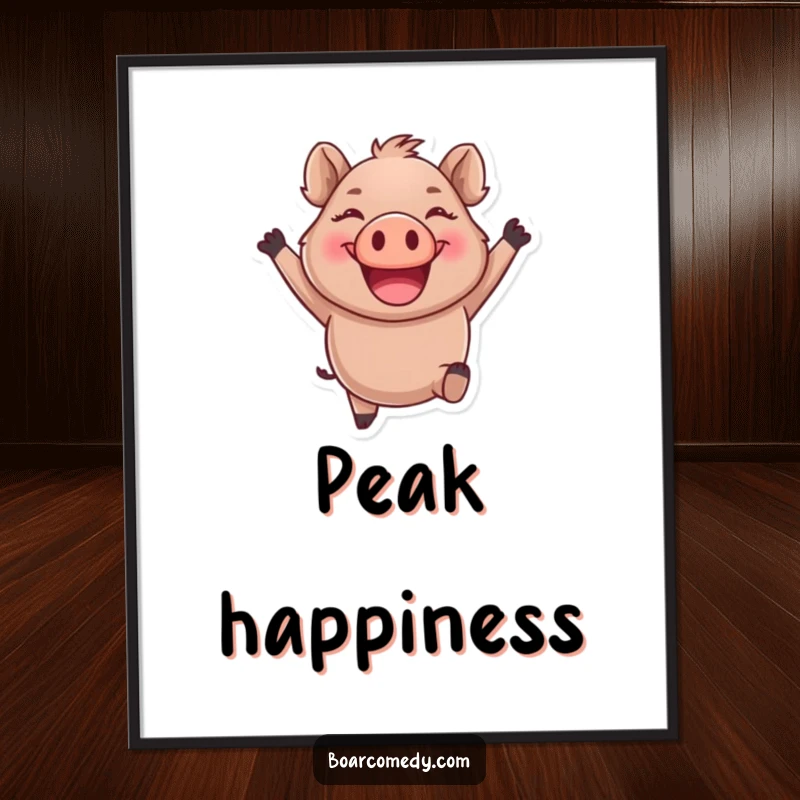 Funny round boar character leaping joyfully with a giant smile, ready as a digital art download.