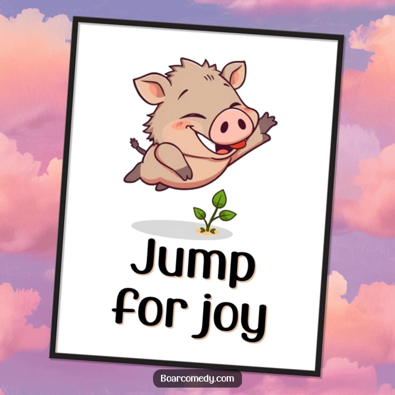 Funny digital art print of a joyful boar character leaping over a tiny green sprout with an incredibly determined and happy expression.