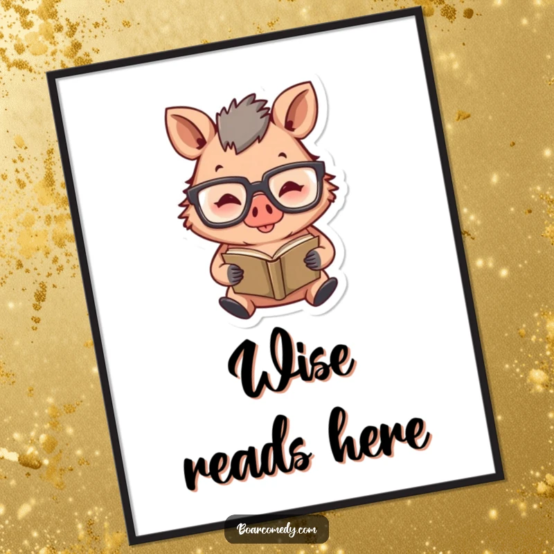 Funny digital art of a happy boar character wearing oversized glasses, intently reading a very tiny book.