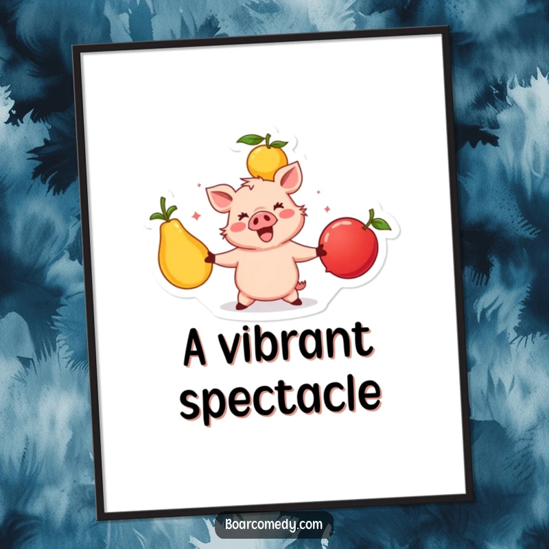 Funny happy boar character juggling three large, colorful fruits, a vibrant digital art print for immediate cheer.