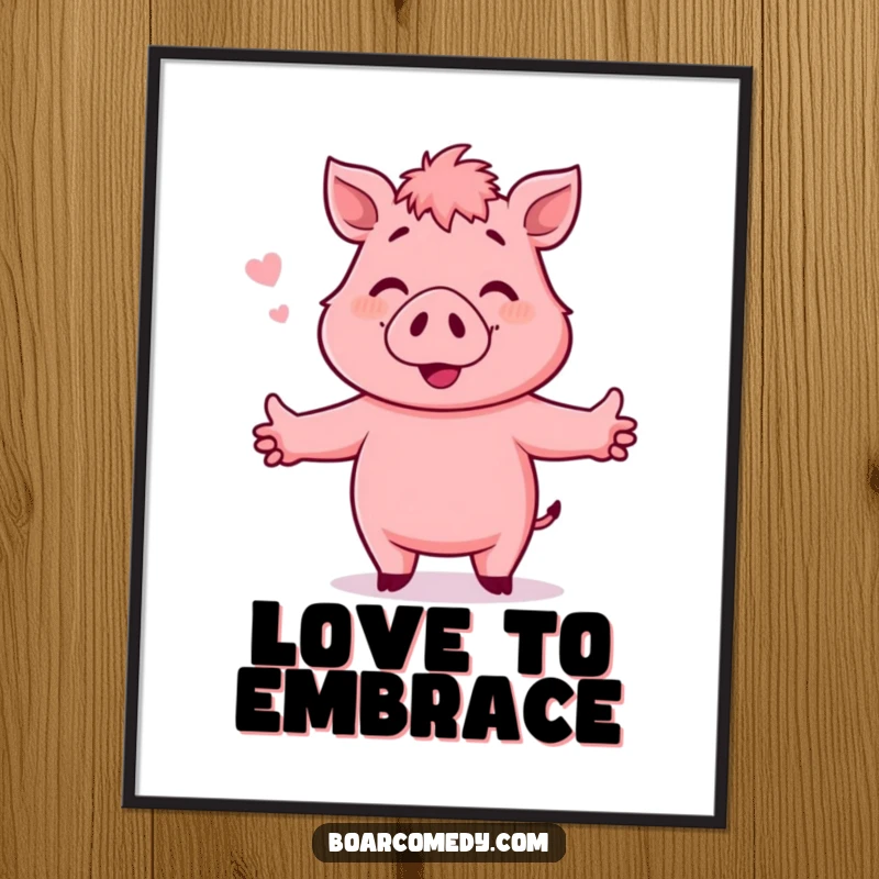 Funny Digital Art Print: Pink, smiling boar with outstretched arms, ready for a hug, radiating warmth and love.