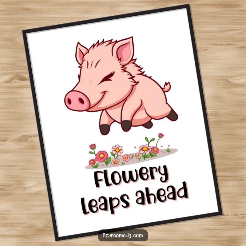 Funny Kawaii Boar Digital Art Print showing determined leaping over tiny flowers, inspiring strength and achievement.