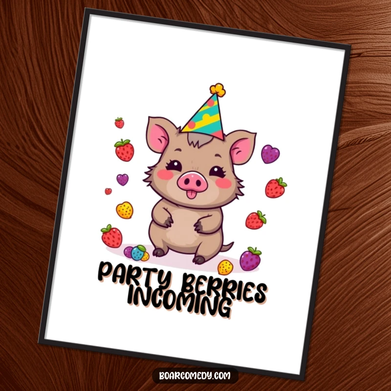 Funny Kawaii Boar Digital Art Print with a party hat, juggling a vibrant collection of berries, capturing festive energy and charm.