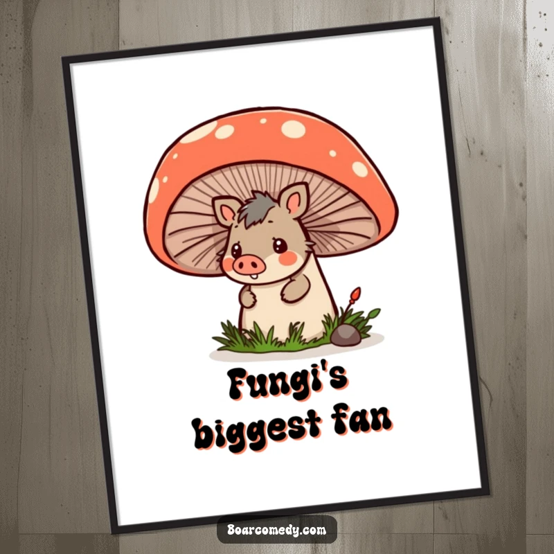 Funny kawaii boar peeking from behind a giant mushroom, available as a downloadable digital art print.