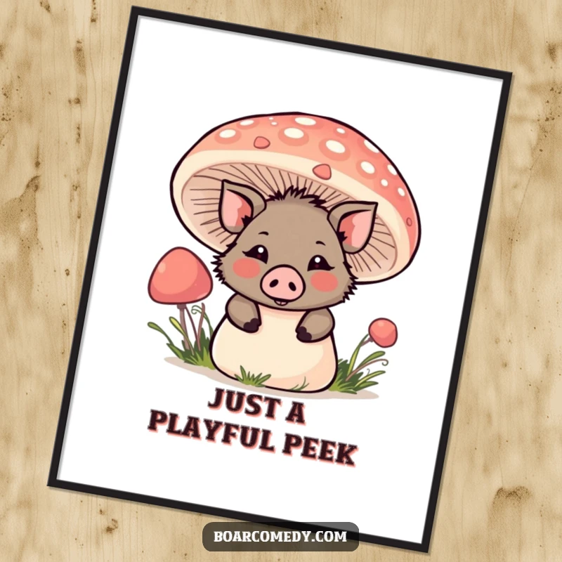 Funny Kawaii Boar Digital Art Print: A kawaii boar peeks playfully from behind a large mushroom, creating a sense of wonder.