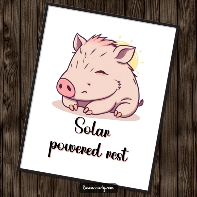 Funny kawaii boar nap digital art print, a content boar sleeping peacefully in a sunbeam, capturing pure, tranquil bliss.
