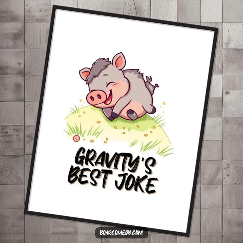 Funny kawaii boar rolling digital art print, a happy boar giggling down a grassy hill, capturing pure, infectious joy for your wall.