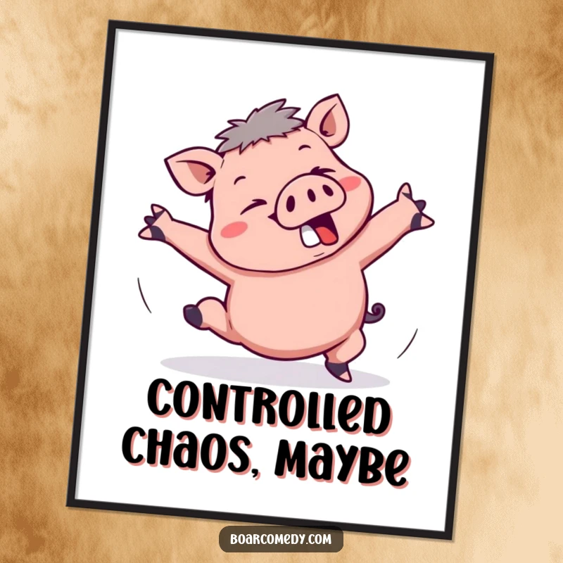 Funny Kawaii Boar Digital Art Print: A kawaii boar is captured mid-trip, arms flailing comically in an amusing, chaotic moment.