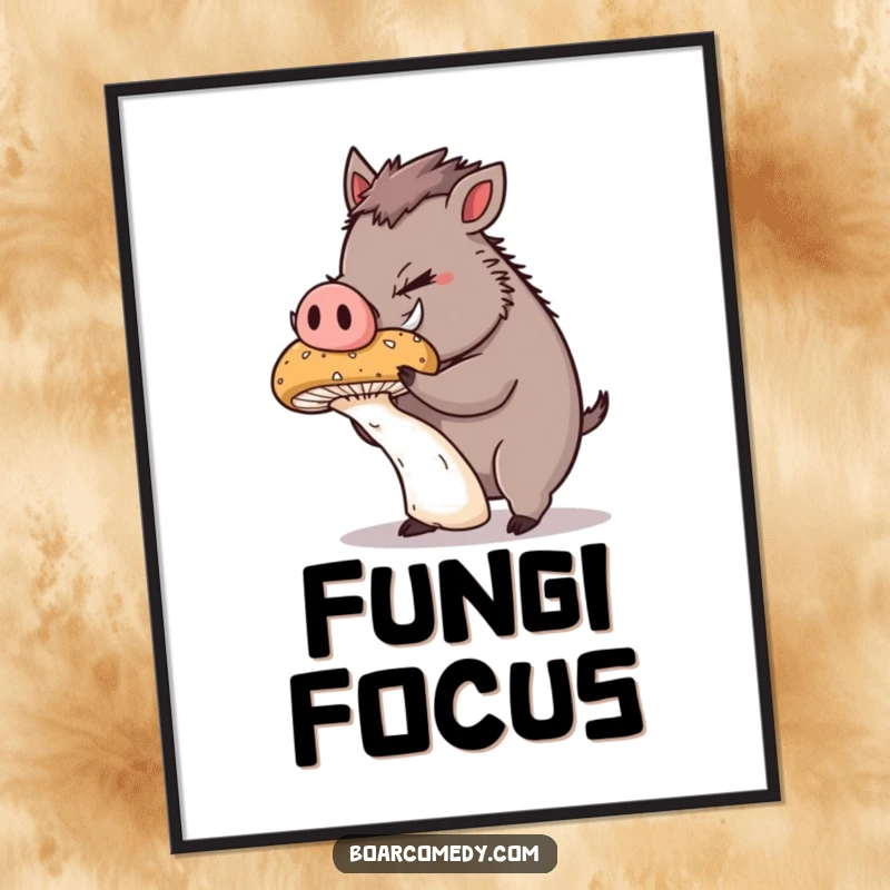 Funny Digital Art Print: Cute, plump boar concentrating, balancing a giant mushroom, symbolizing focus and skill.