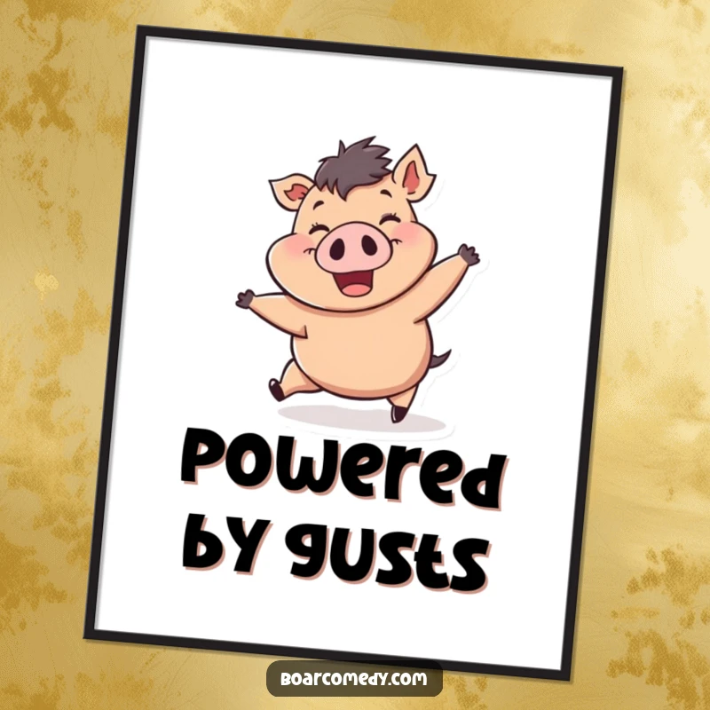 Funny digital art print of a plump, cheerful boar character being pushed by a strong wind gust, its wide grin radiating pure, infectious joy.