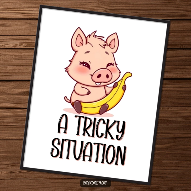 Funny winking boar character holding a tiny banana peel, a humorous digital art print for immediate mischief.