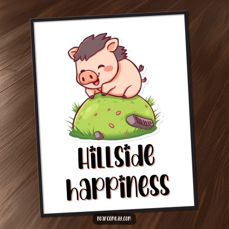 Funny digital art print of a round, happy boar character joyfully rolling down a green hill, bringing cartoon humor to your walls.