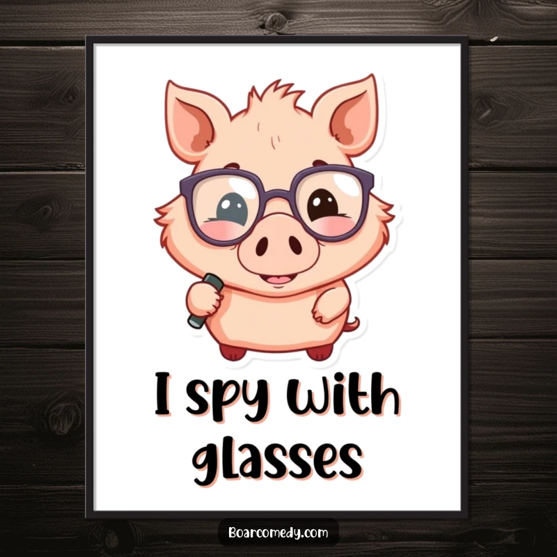 Funny digital art print of a smiling boar wearing oversized glasses and holding a magnifying glass, looking closely.