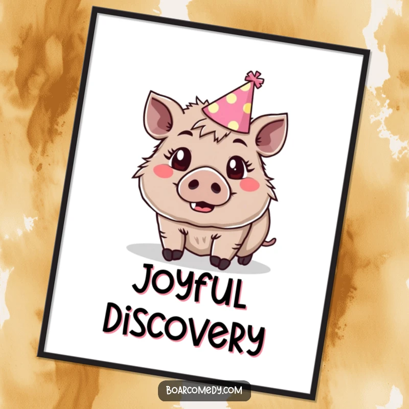 Funny cute boar wearing a tiny party hat, eyes wide with surprise and joy, as digital art.
